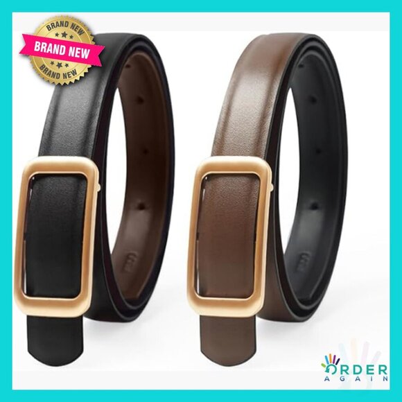 Reversible Genuine Leather Belt Thin Fashion Waist Belt with Gold Buckle main image 7